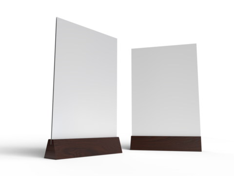 3D Realistic table stand, table tent mockup with wooden base and white paper acrylic. Blank card holder display information for menu label, restaurant, cafe, banner, picture stand, sign holder, ads