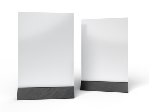 3D Realistic table stand, table tent mockup with metal base and white paper acrylic. Blank card holder display information for menu label, restaurant, cafe, banner, picture stand, sign holder, ads