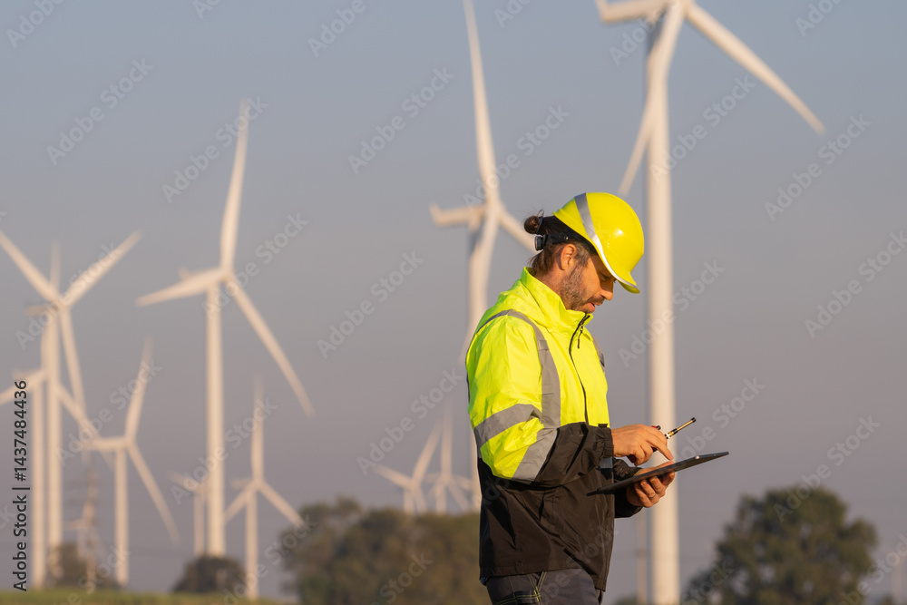 Poster Engineer man working with tablet at windmill farm Generating electricity clean energy. Wind turbine farm generator by alternative green energy.