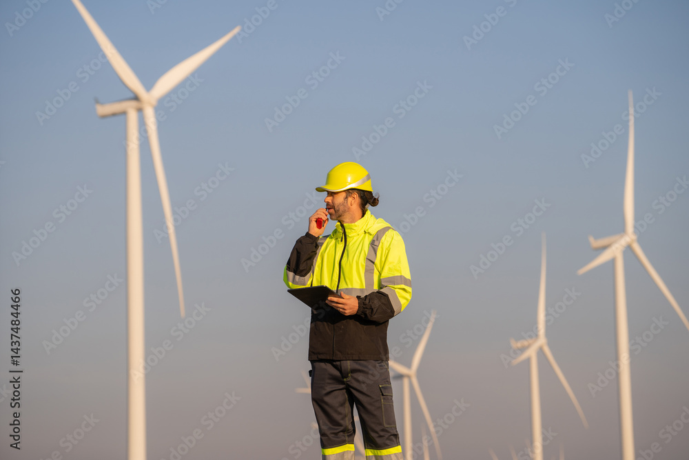 Aufkleber Engineer man working with tablet at windmill farm Generating electricity clean energy. Wind turbine farm generator by alternative green energy.