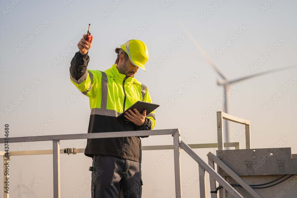 Poster engineer man working with tablet at windmill farm generating electricity clean energy. wind turbine 