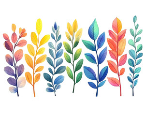 A vibrant collection of stylized leaves in various colors, representing nature's beauty and diversity.