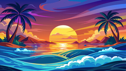Obraz premium Ocean Sunset Wave, clear water in Tropical sea colorful background Very beautiful
