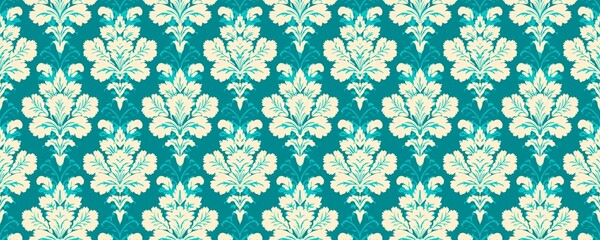 Elegant Turquoise and Cream Damask Seamless Pattern