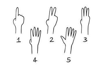 Five human counting hands set. One, two, three, four and five fingers icon doodle hand drawn outline set. 