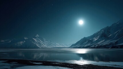 Naklejka premium lake and snowy mountains at night under the moon