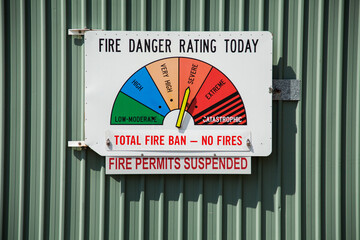 Total fire ban no fires and fire permits suspended sign on fire danger rating sign