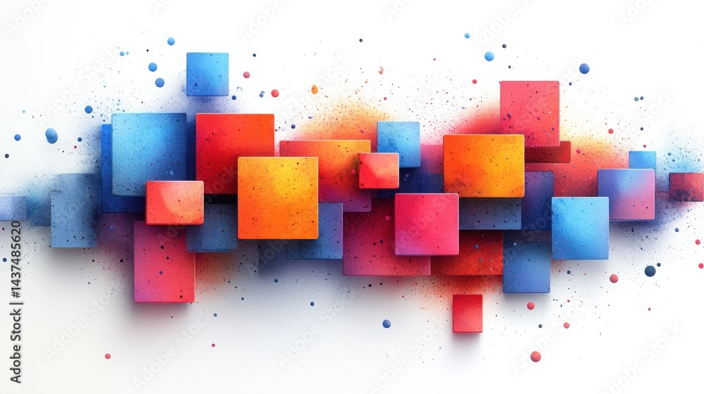 Poster abstract composition of colorful 3d cubes with splashes, creating a vibrant visual effect