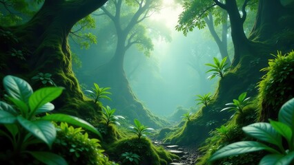 Serene Pathway Through a Lush, Mystical Forest, Bathed in Soft Sunlight, Featuring Mossy Trees and Vibrant Green Undergrowth