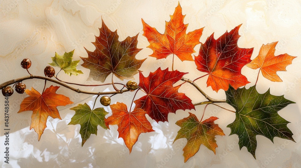 Poster macro detail of fall leaves with soft bokeh and light tan background