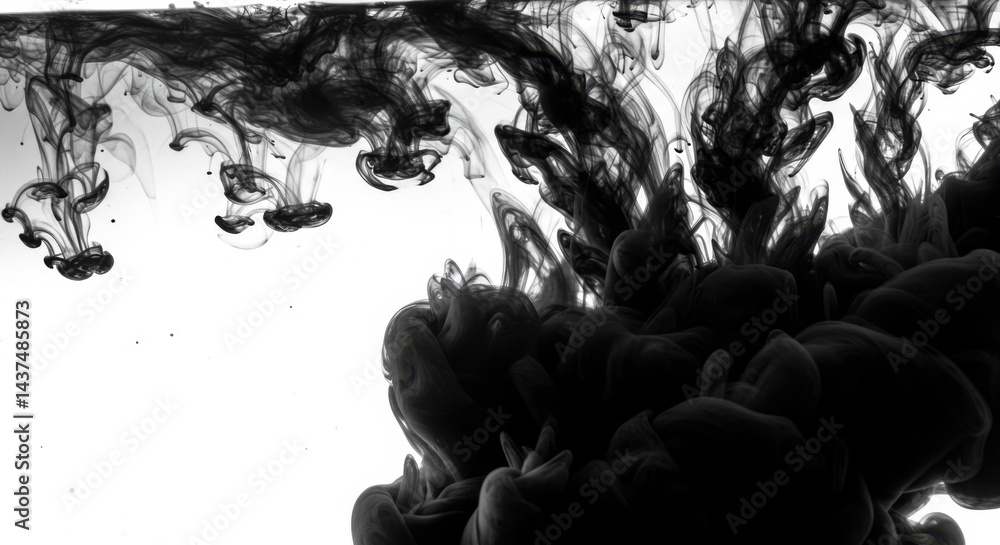 Poster black ink swirling and dispersing in clear water creating abstract shapes and patterns against white