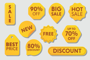 Obraz premium Set of vector yellow starburst, sticker sale quality tags and labels, template banner shopping badges, simple flat style labels, stickers with sale discount 