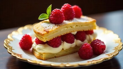 A delectable dessert featuring layers of delicate pastry, creamy filling, and plump raspberries, artfully arranged on an elegant plate.