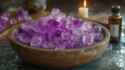 Purple crystals in wooden bowl, spa setting