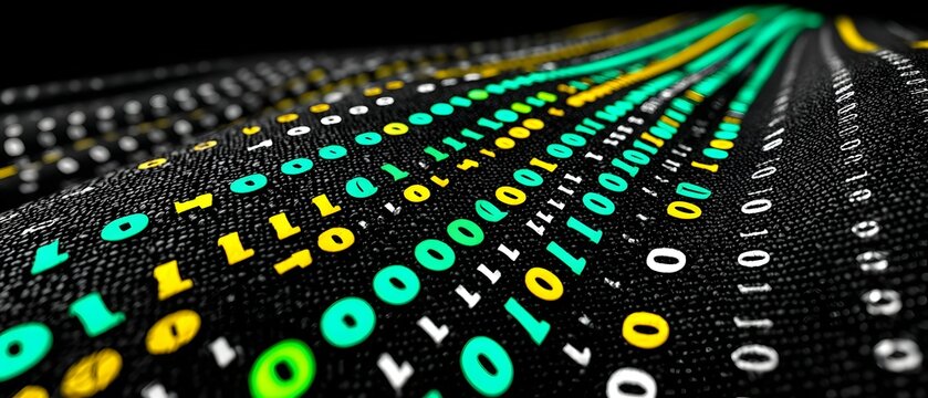 Binary code stream in green yellow and black colors flowing forward.