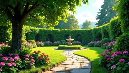 Obraz premium Serene Garden Oasis A Picturesque Pathway Winds Through Lush Greenery, Adorned with Blooming Flowers and a Tranquil Fountain at its Center