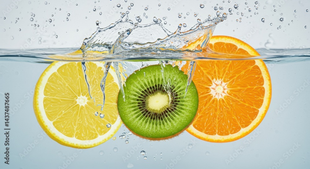 Poster slices of lemon kiwi and orange splashing into water creating a refreshing and vibrant scene