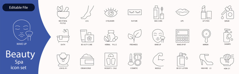 Beauty and Spa set of web icons in line style. Cosmetics services & Spa icons for web and mobile app. Spa treatments, skin care, massage, hyaluronic acid, serum, anti ageing, pore tighten, cosmetology