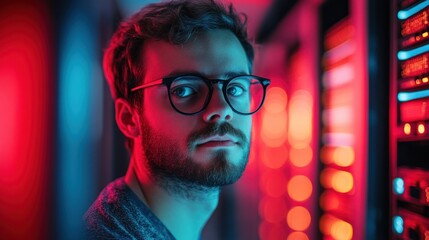 Focused tech professional in server room