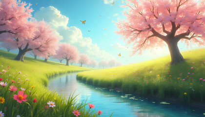 Fototapeta premium spring landscape with trees and lake