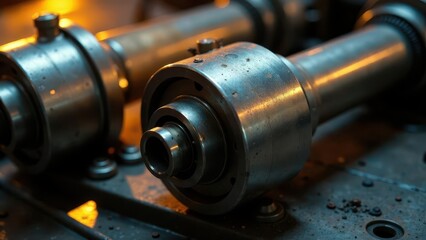 Close-up view of industrial metallic components, showcasing intricate details and textures of robust machined parts, reflecting ambient light