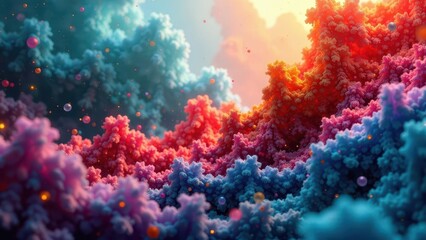 Fototapeta premium A vibrant landscape of colorful, textured clouds with floating luminous orbs, bathed in a warm, ethereal light.