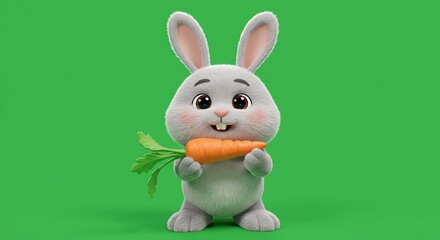 Obraz premium Cute bunny with carrot against green backdrop