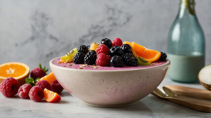 Vivid Berry Smoothie Bowl for Winter Mornings A smoothie bowl with a deep magenta hue, made from blended berries like raspberries, blackberries, and pomegranate. Toppings include slices of kiwi, brigh