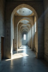 Sunlight streaming arched hallway windows in serene architectural space