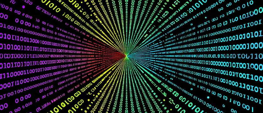 Rainbow colored binary code streams towards a central point against a black background.