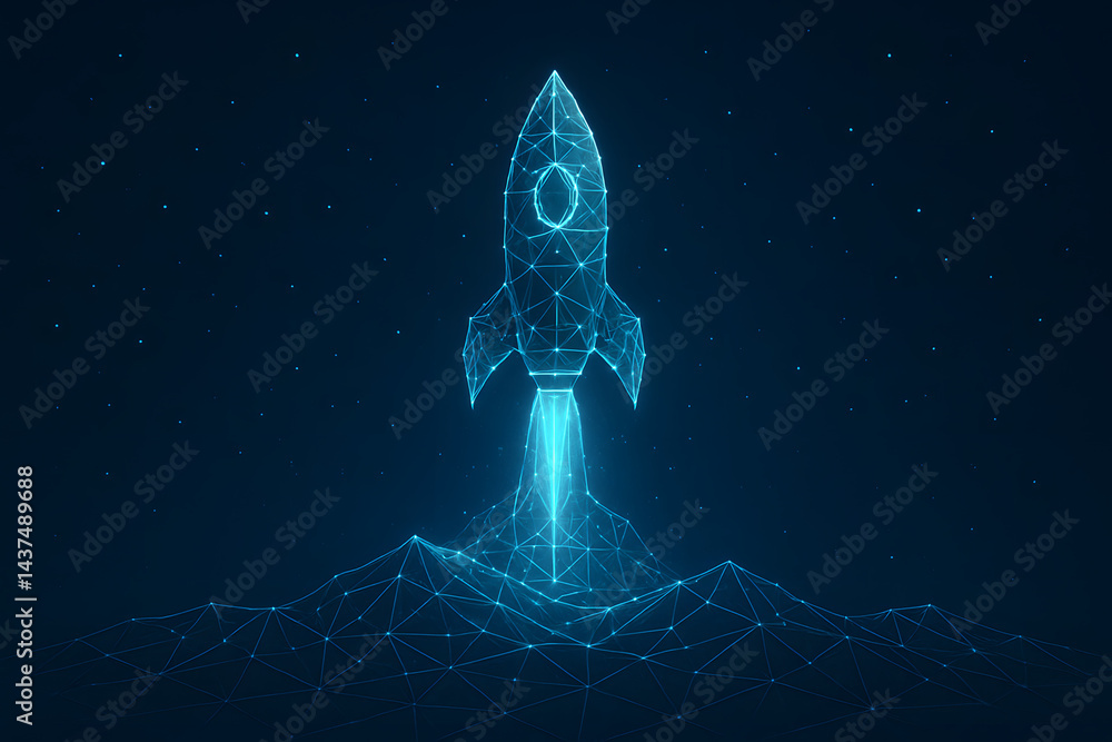 Poster digital ascent: an artistic representation of a rocket blasting off, formed by a network of digital 