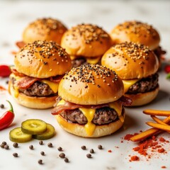 Mini cheeseburgers with crispy bacon and pickles