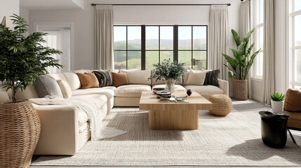 Bright Cozy Living Room with Natural Light, Lush Plants, and Soft Textures Creating an Inviting Modern Sanctuary