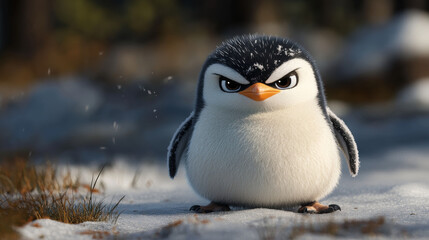Fototapeta premium A chubby, fluffy penguin stomps its tiny feet, fists clenched, glaring with squinted eyes—frustrated yet funny and irresistibly cute.