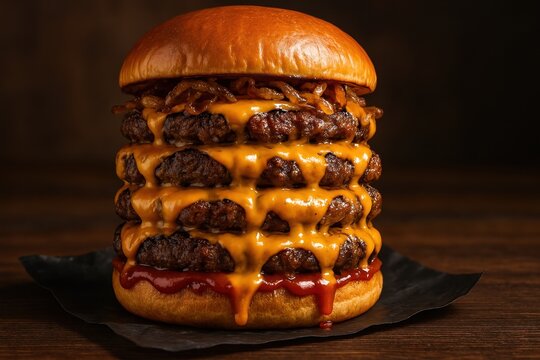Towering cheeseburger with multiple beef patties and melted cheese