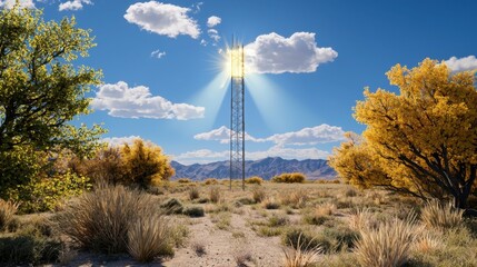 Radiating 5G signals from metal tower in remote location, concept image