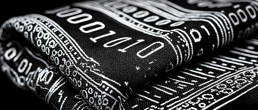 Folded black fabric with white binary code pattern close up.