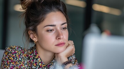 Focused Latin Hispanic Businesswoman Working on Laptop in Modern Office, Middle Eastern or European Woman Analyzing Finance Data Online