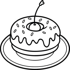 Donut with Cherry on Top Coloring Page, placed on a plate with decorative swirls, stars, and sprinkles all around.