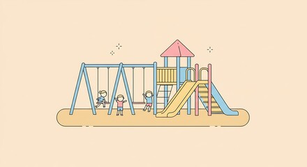 Children Playing on Playground Swing Set and Slide Illustration