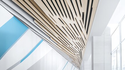 Naklejka premium Modern wooden ceiling design in a bright hallway