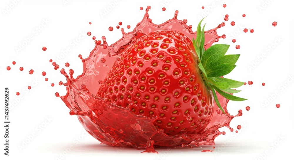 Poster a vibrant strawberry surrounded by a splash of juice on a clean white background creates a dynamic i