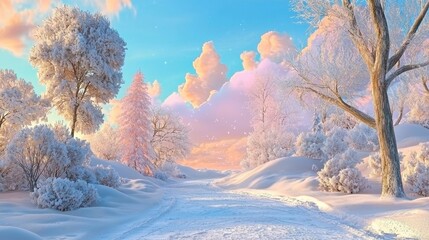 Romantic snowy forest with pastel colored sunrise sky, winter wonderland