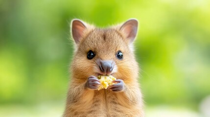 Adorable joey eating.  Close-up of a young, fluffy joey with a mouthful of food, set against a blurred, vibrant green background