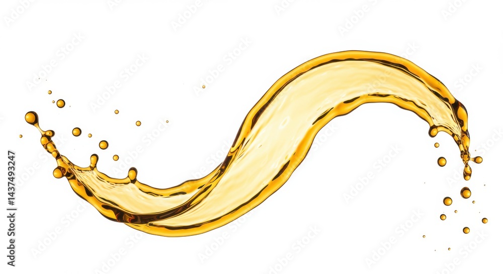 Poster a dynamic splash of golden liquid with droplets isolated on a clean white studio background view