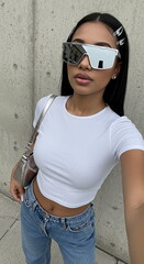 woman, fashion, sunglasses, model, jeans, beauty, people, person, glasses, handsome, wall, boy, guy, face, standing, casual, one, men, style, cool, hair, body, lifestyle, shirt, outdoors