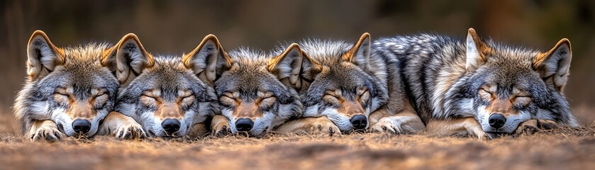 Obraz premium Wolves resting together in forest, heads on ground, concept for wild animal welfare