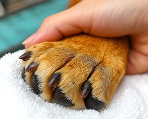 Obraz premium Gentle hand holds a dog's paw on a towel