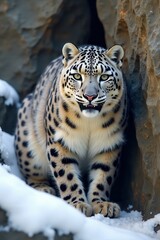 Naklejka premium leopard in rocky snowy habitat