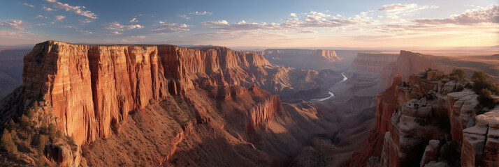 Striking panoramic photo of the Grand Canyon at golden hour, with vibrant red cliffs and dramatic sunlight.

